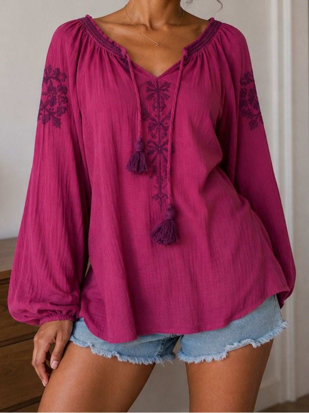 Indigo Women's Magenta Embroidered Peasant Tunic